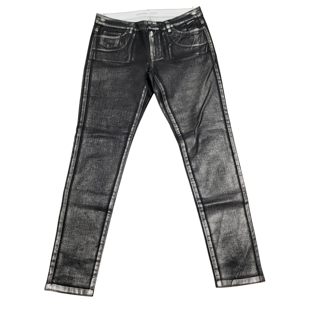 Michael Kors Gunmetal Metallic Skinny Jeans Silver Coated Denim‎ size 8 / 29